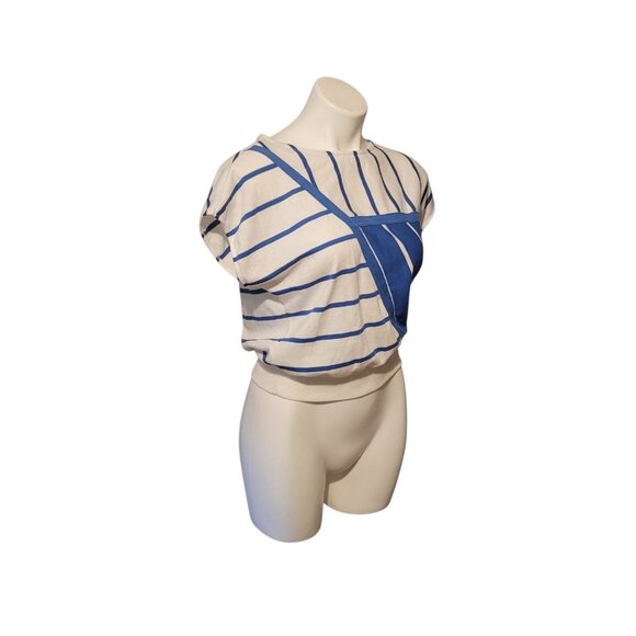 Vintage Asymmetrical Shirt Blue White Striped Small / Medium Small Stain 80s - Picture 4 of 6